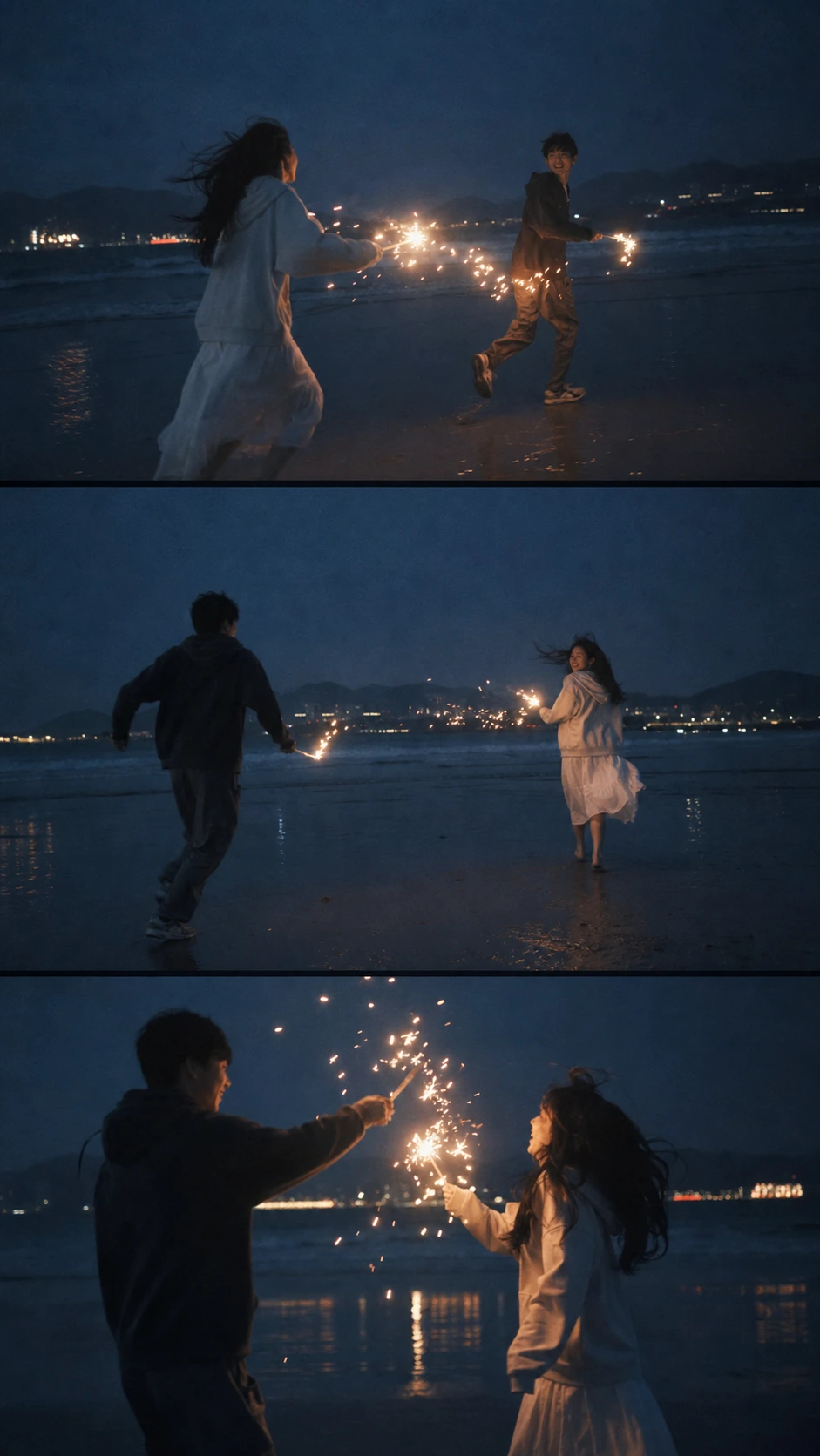 海边手持仙女棒的情侣