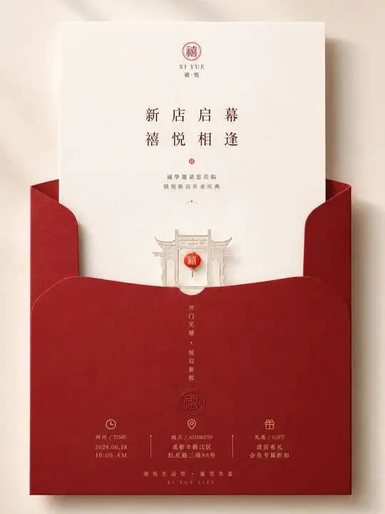 开函留白温润红纸活动卡