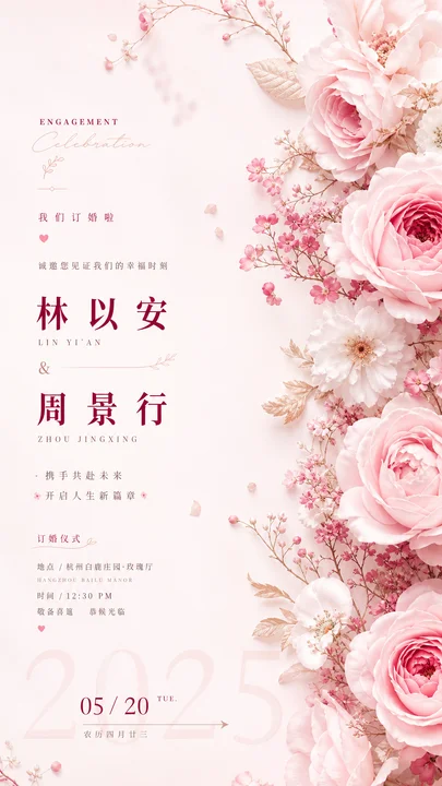 桃粉订婚告知卡