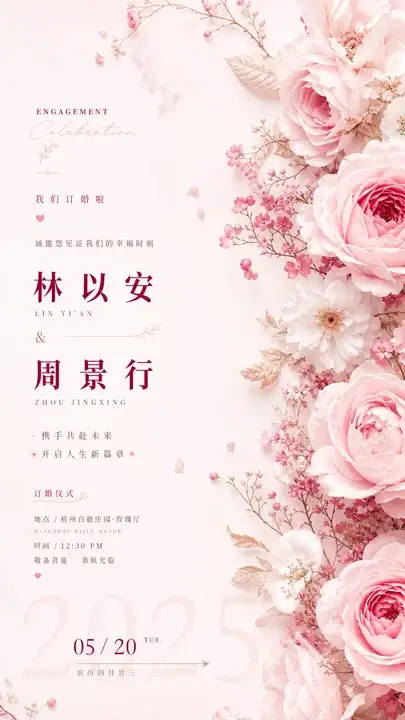 桃粉订婚告知卡