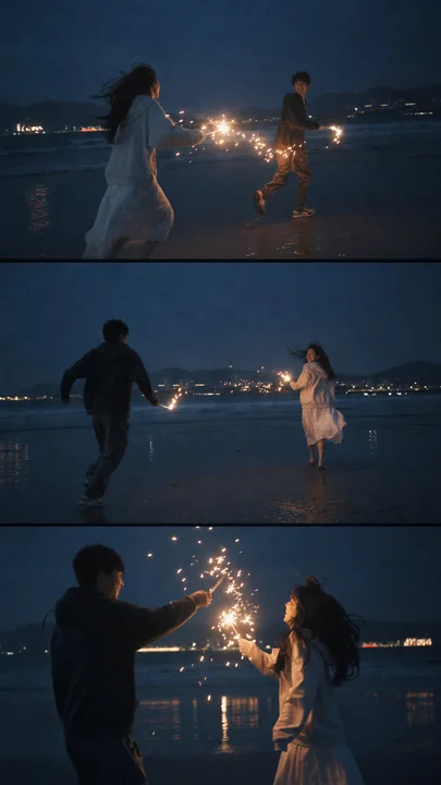 海边手持仙女棒的情侣