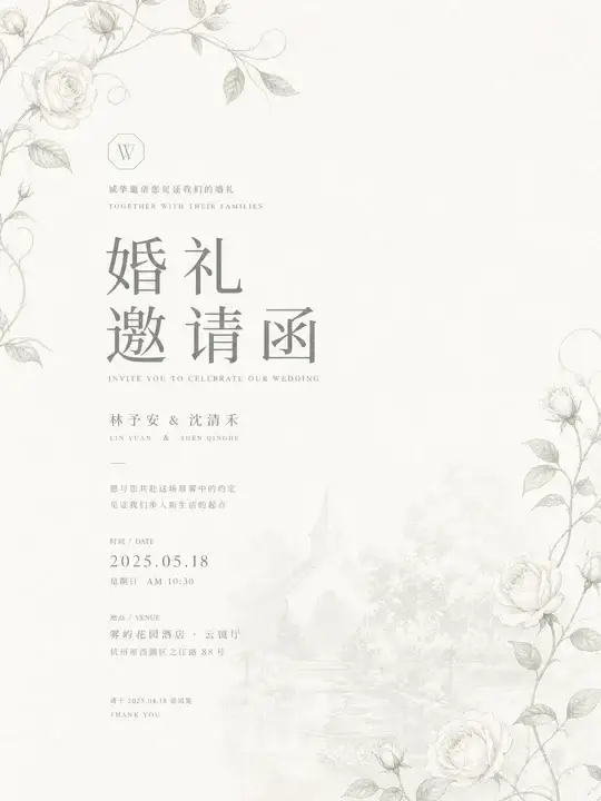 晨雾白玫婚礼主请柬
