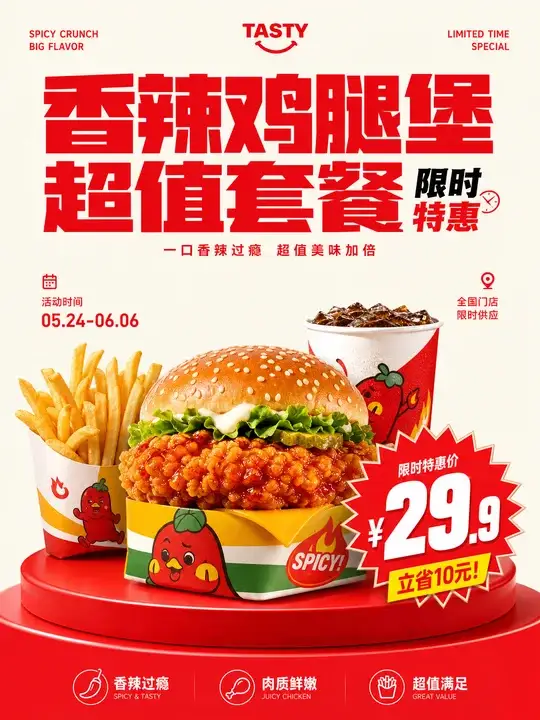 香辣鸡腿堡套餐限时促销海报