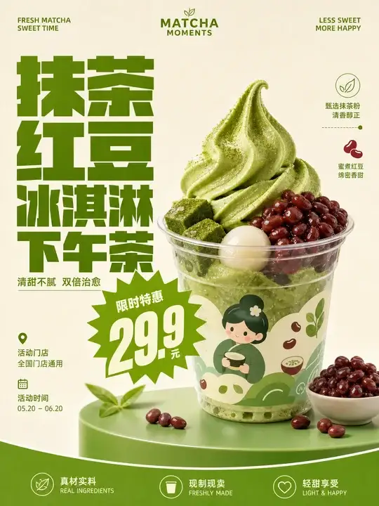 抹茶红豆冰淇淋甜品海报